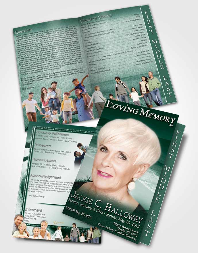 2 Page Graduated Step Fold Funeral Program Template Brochure Emerald Ocean Beach