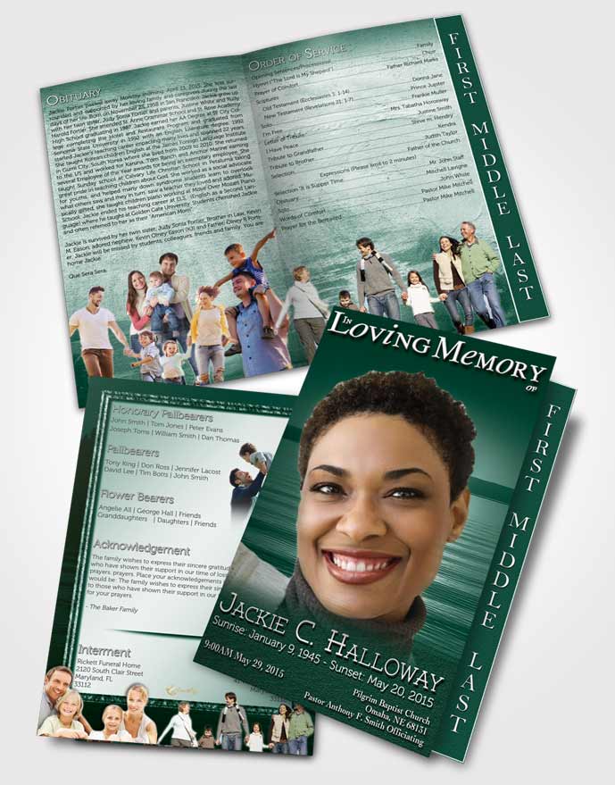 2 Page Graduated Step Fold Funeral Program Template Brochure Emerald Ocean Sunset
