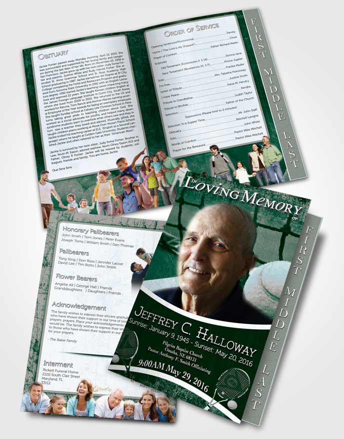 2 Page Graduated Step Fold Funeral Program Template Brochure Emerald Ocean Tennis Star