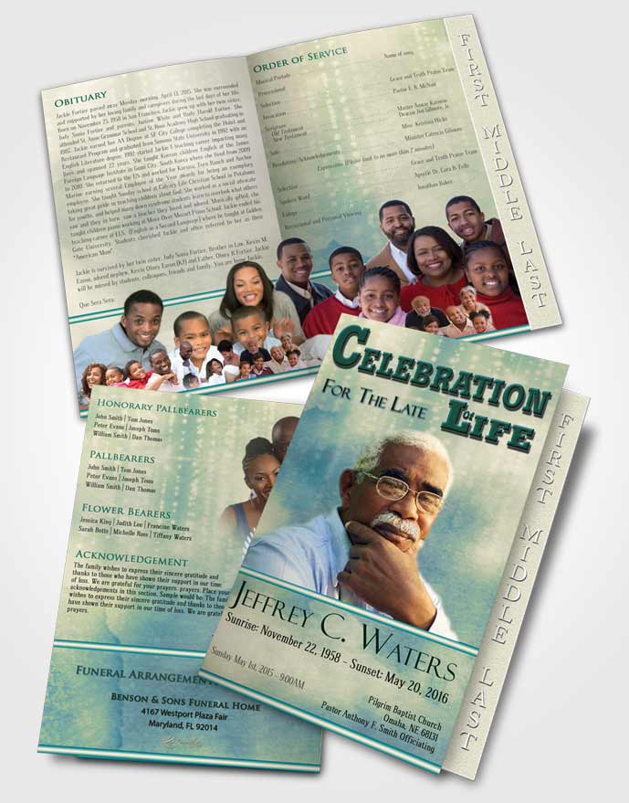 2 Page Graduated Step Fold Funeral Program Template Brochure Emerald Ocean Timeless Love