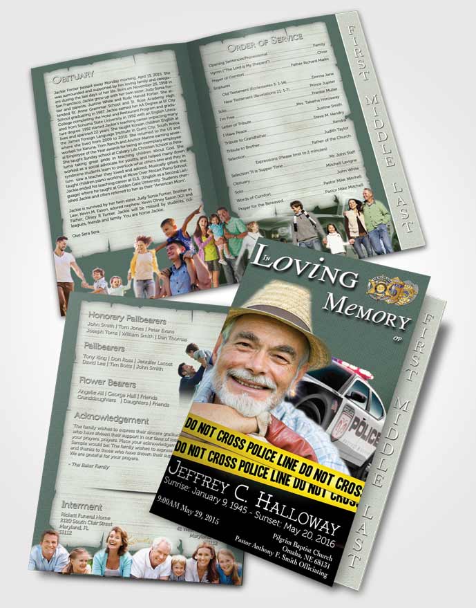 2 Page Graduated Step Fold Funeral Program Template Brochure Emerald Police On Duty