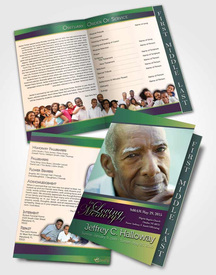 2 Page Graduated Step Fold Funeral Program Template Brochure Emerald Serenity Tranquility Light