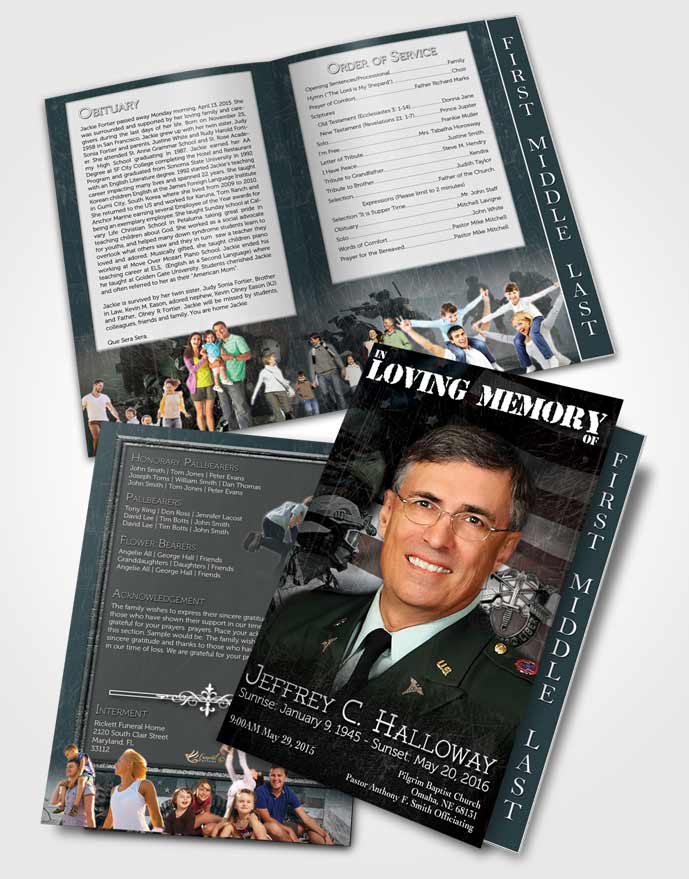 2 Page Graduated Step Fold Funeral Program Template Brochure Emerald Special Forces Salute