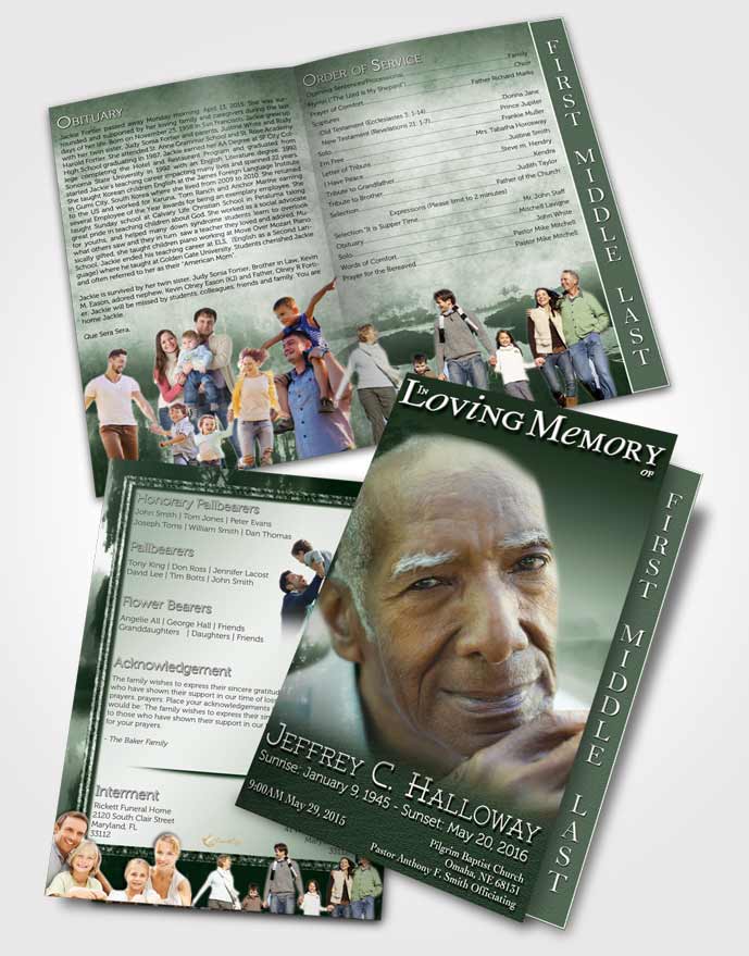 2 Page Graduated Step Fold Funeral Program Template Brochure Emerald Summer Reflection