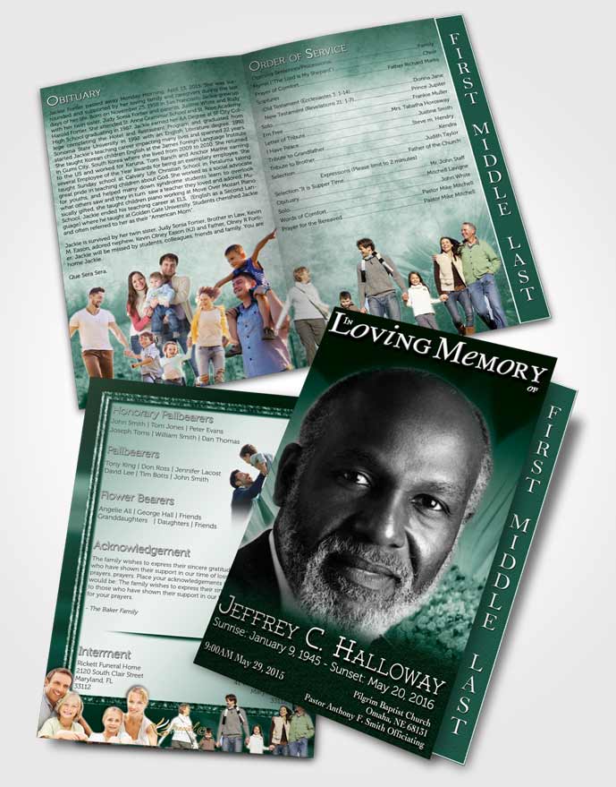 2 Page Graduated Step Fold Funeral Program Template Brochure Emerald Sunflower