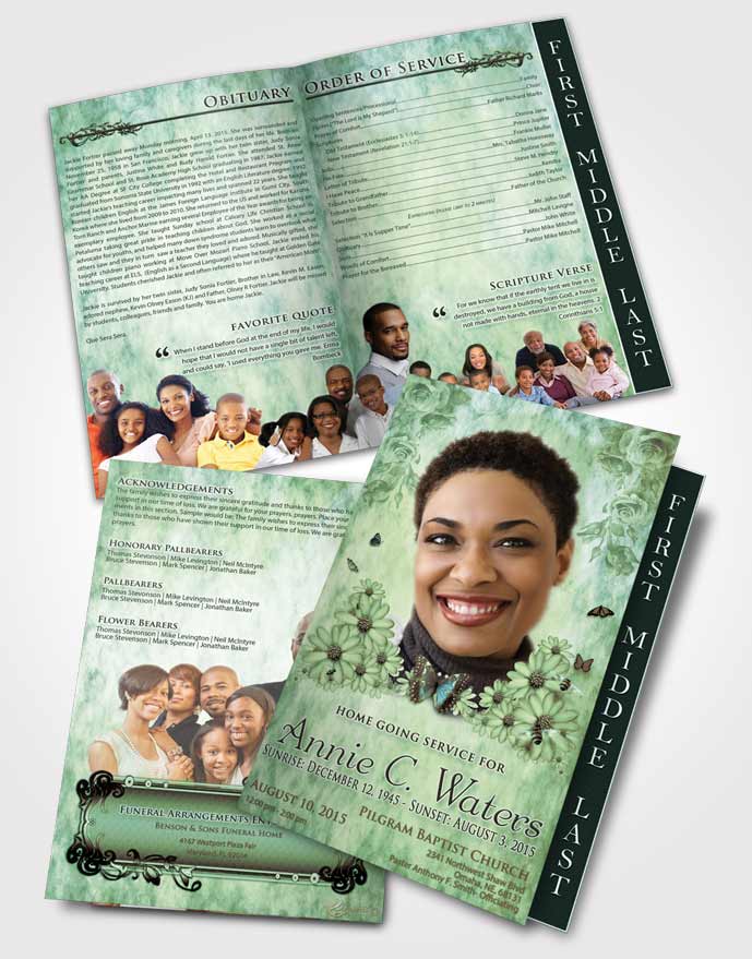 2 Page Graduated Step Fold Funeral Program Template Brochure Emerald Sunny Sunflowers