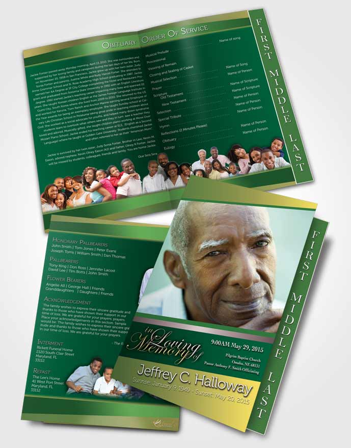 2 Page Graduated Step Fold Funeral Program Template Brochure Emerald Sunrise Tranquility Dark