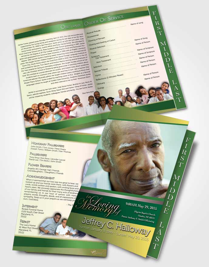 2 Page Graduated Step Fold Funeral Program Template Brochure Emerald Sunrise Tranquility Light