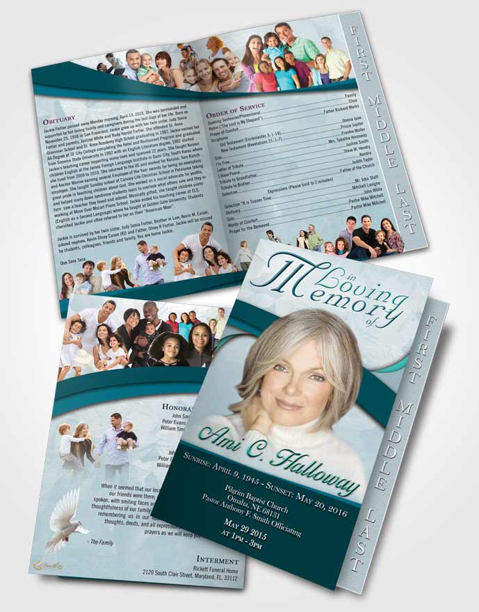 2 Page Graduated Step Fold Funeral Program Template Brochure Emerald Sunrise Wisdom