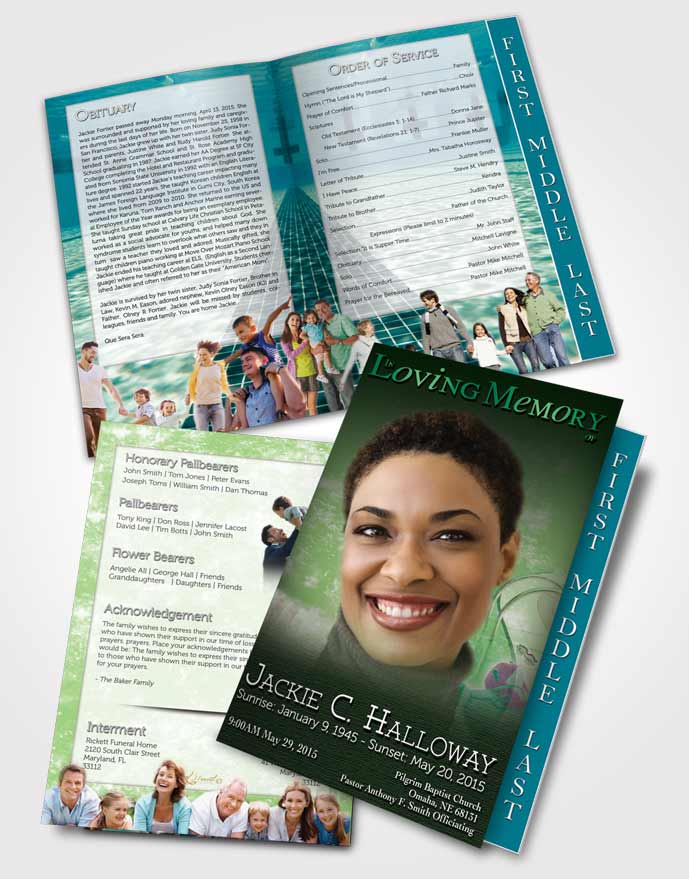 2 Page Graduated Step Fold Funeral Program Template Brochure Emerald Swimming Desire
