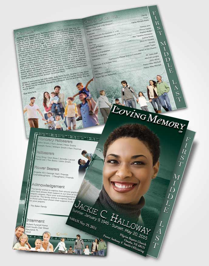 2 Page Graduated Step Fold Funeral Program Template Brochure Emerald Tiki Beach
