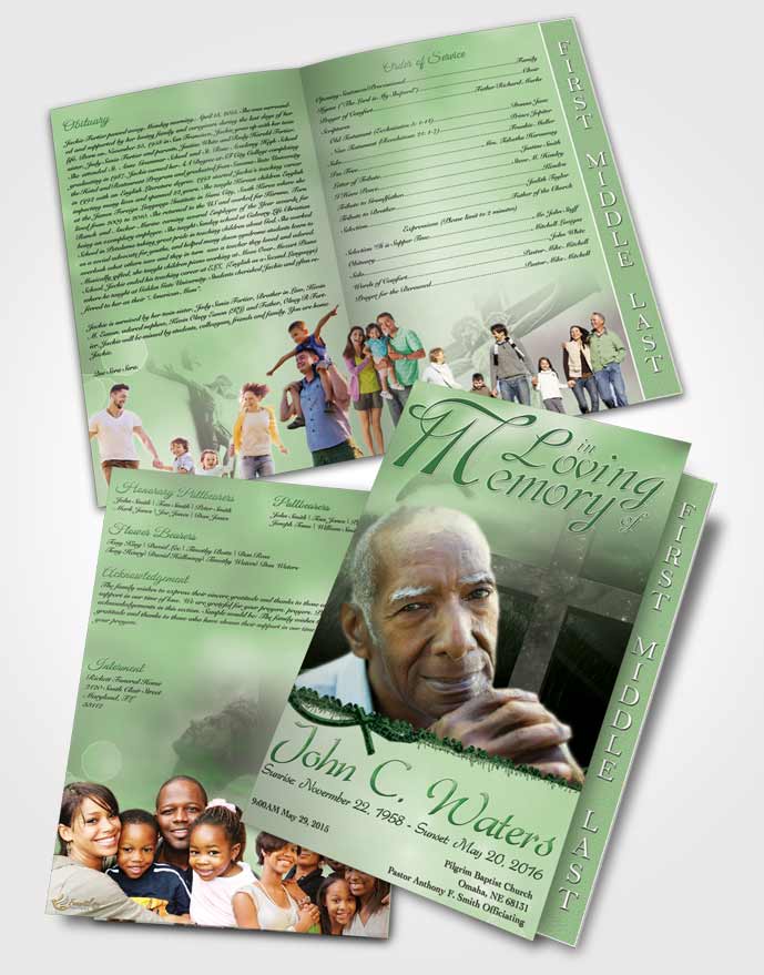 2 Page Graduated Step Fold Funeral Program Template Brochure Evening Cross Emerald Glow