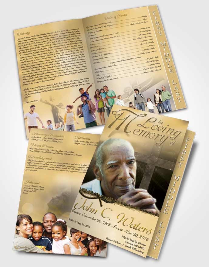 2 Page Graduated Step Fold Funeral Program Template Brochure Evening Cross Golden Heritage