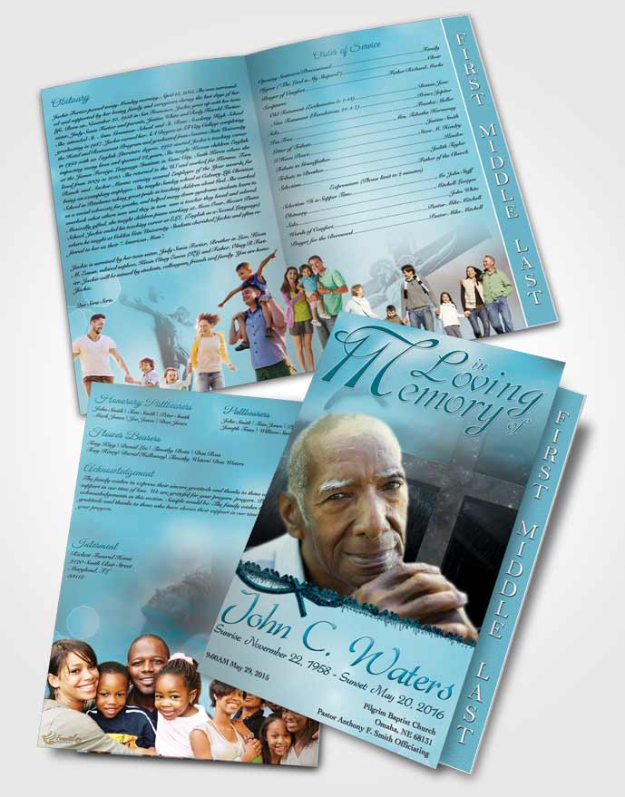 2 Page Graduated Step Fold Funeral Program Template Brochure Evening Cross Peaceful Ocean