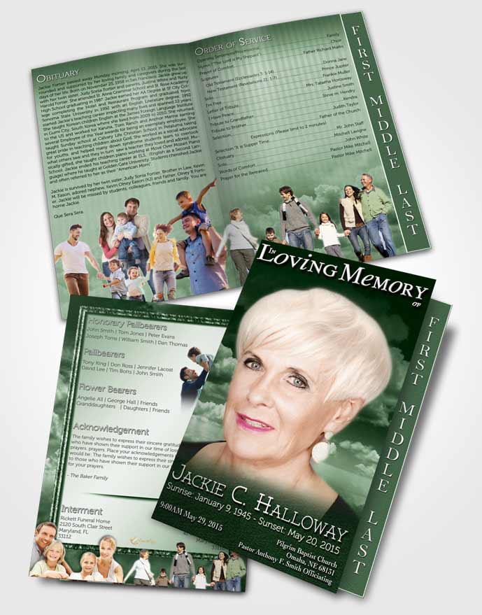 2 Page Graduated Step Fold Funeral Program Template Brochure Fiery Emerald Clouds