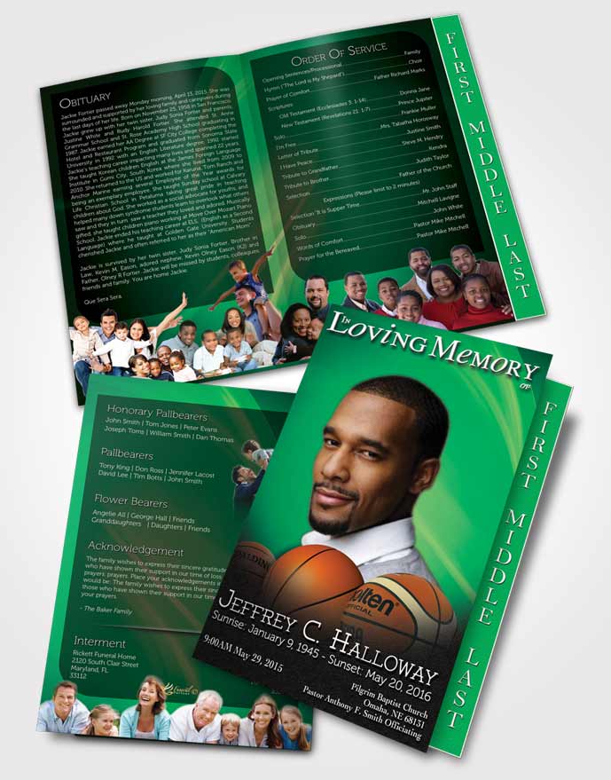 2 Page Graduated Step Fold Funeral Program Template Brochure Forest Basketball Lover Dark