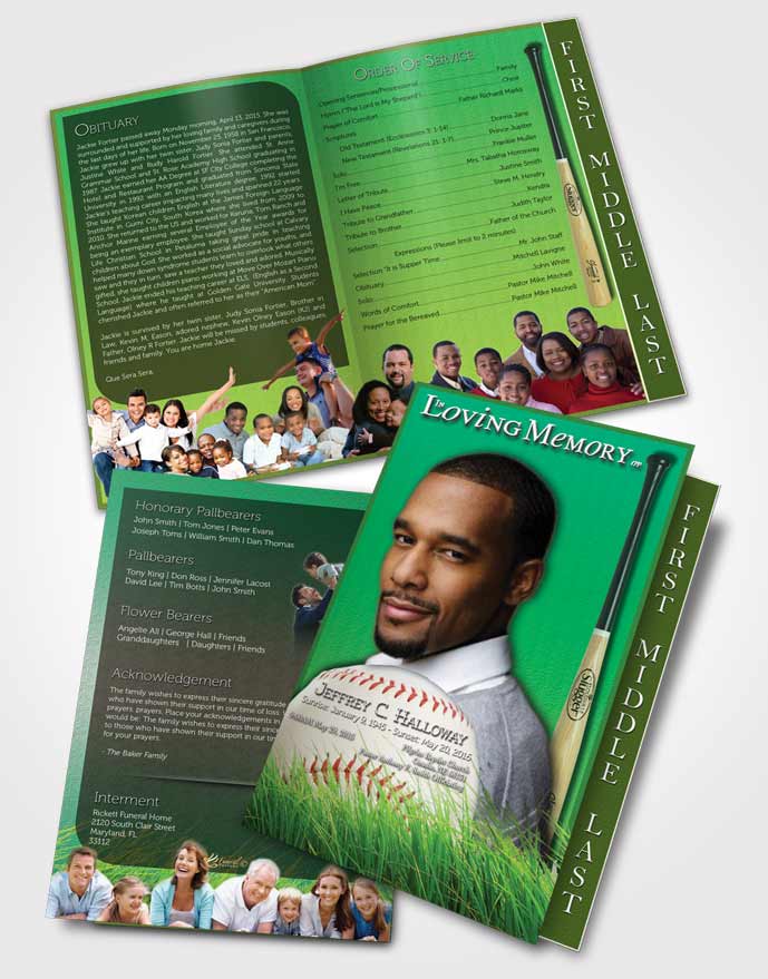2 Page Graduated Step Fold Funeral Program Template Brochure Forest Magic Baseball Star Dark