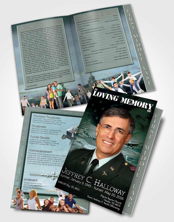 2 Page Graduated Step Fold Funeral Program Template Brochure Forest Navy Salute