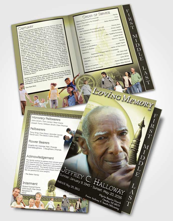 2 Page Graduated Step Fold Funeral Program Template Brochure Gold Buddhist Faith