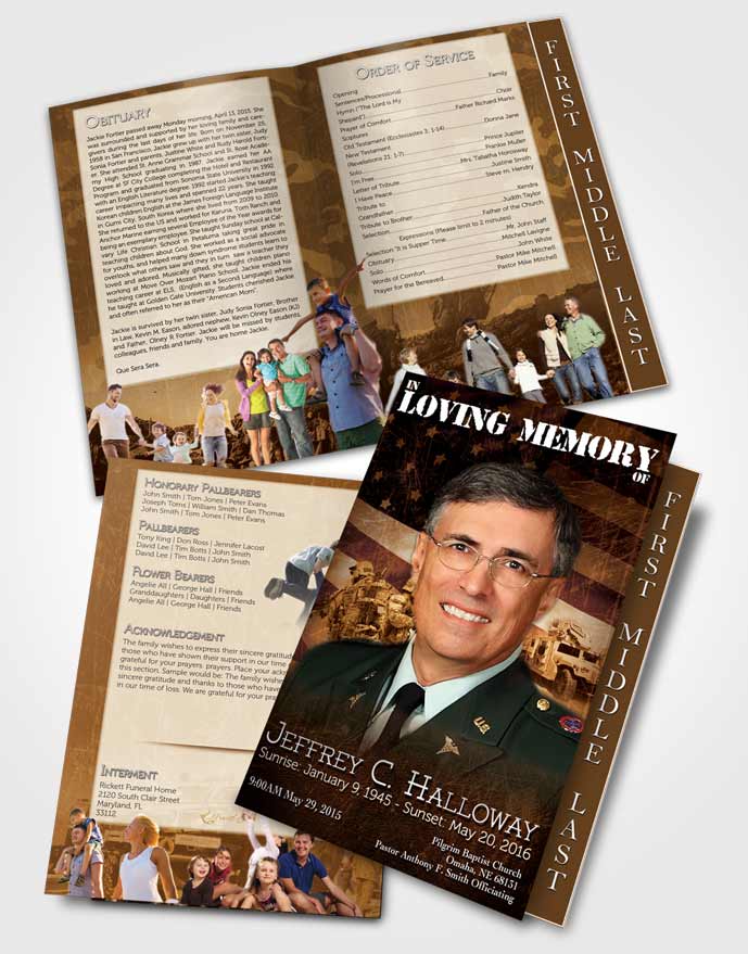 2 Page Graduated Step Fold Funeral Program Template Brochure Golden Army Salute