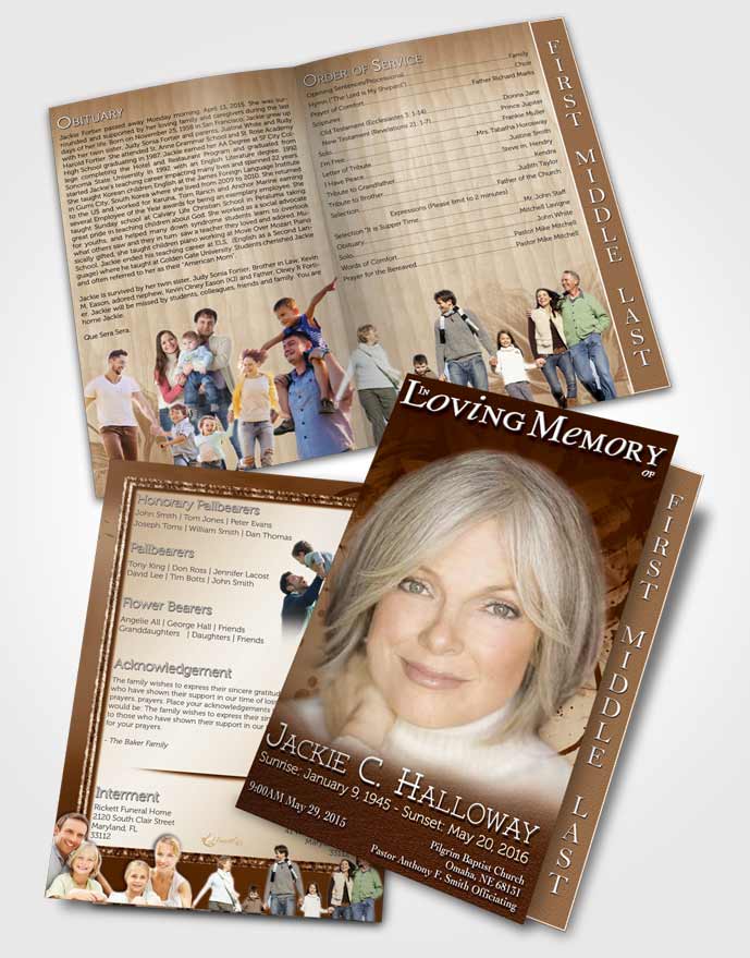2 Page Graduated Step Fold Funeral Program Template Brochure Golden Artistic Bouquet