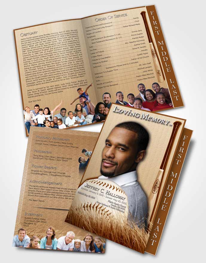 2 Page Graduated Step Fold Funeral Program Template Brochure Golden Baseball Star Light
