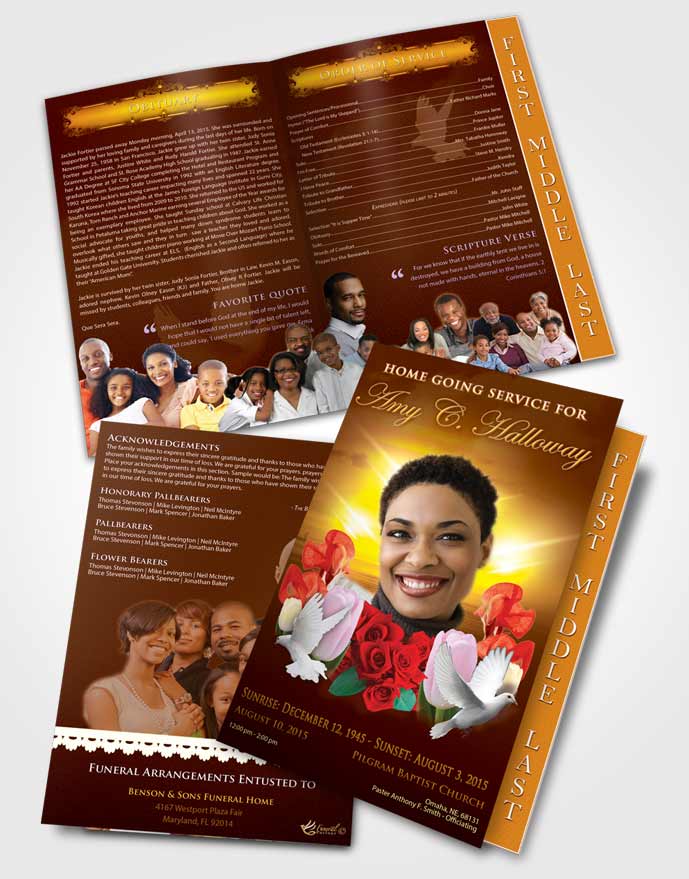 2 Page Graduated Step Fold Funeral Program Template Brochure Golden Delightful Doves