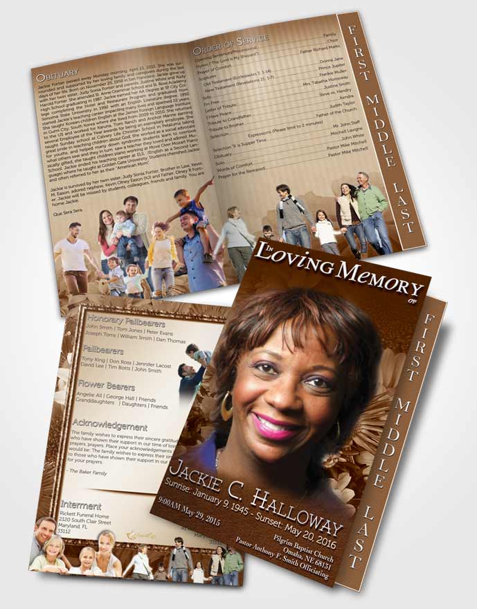 2 Page Graduated Step Fold Funeral Program Template Brochure Golden Dream Flower