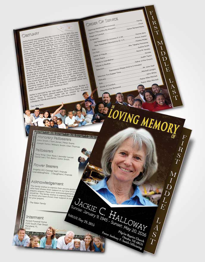 2 Page Graduated Step Fold Funeral Program Template Brochure Golden EMT Savior