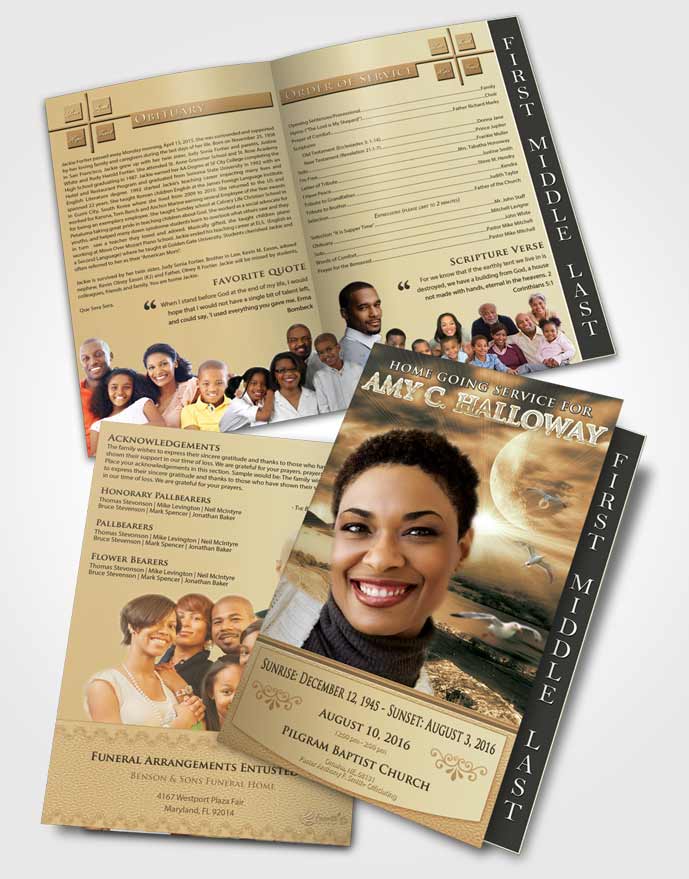 2 Page Graduated Step Fold Funeral Program Template Brochure Golden Evening Moon