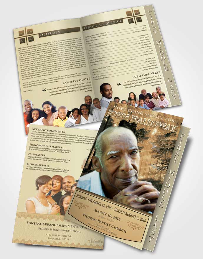 2 Page Graduated Step Fold Funeral Program Template Brochure Golden Forest Laughter