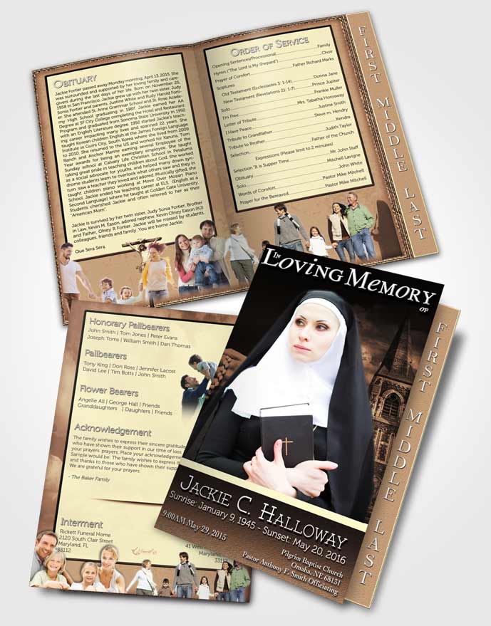 2 Page Graduated Step Fold Funeral Program Template Brochure Golden Heavenly Nun