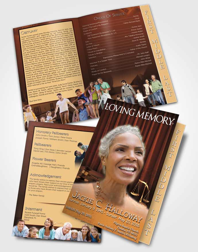 2 Page Graduated Step Fold Funeral Program Template Brochure Golden Judge Justice