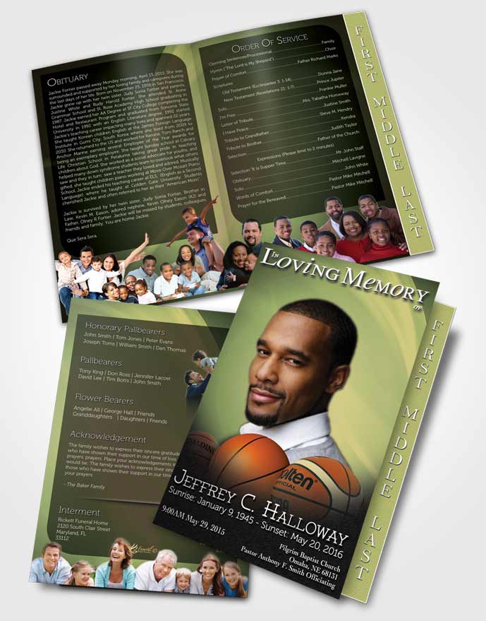 2 Page Graduated Step Fold Funeral Program Template Brochure Golden Leaf Basketball Lover Dark