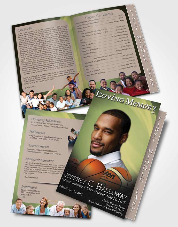 2 Page Graduated Step Fold Funeral Program Template Brochure Golden Leaf Basketball Lover Light