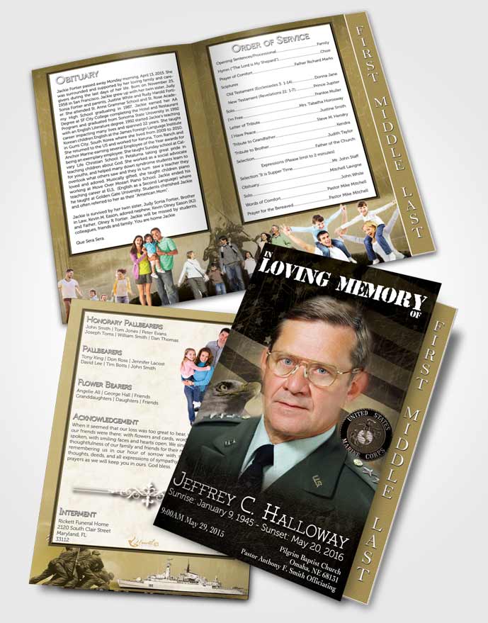 2 Page Graduated Step Fold Funeral Program Template Brochure Golden Marine Salute