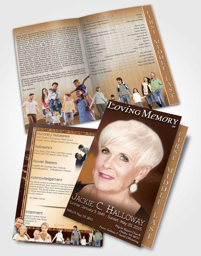 2 Page Graduated Step Fold Funeral Program Template Brochure Golden Morning Sky
