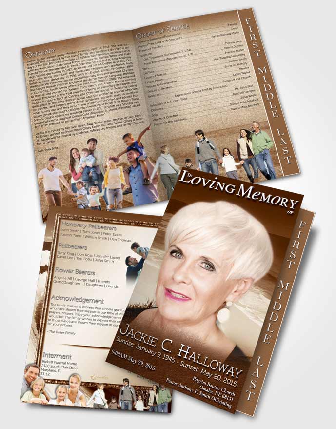 2 Page Graduated Step Fold Funeral Program Template Brochure Golden Ocean Beach