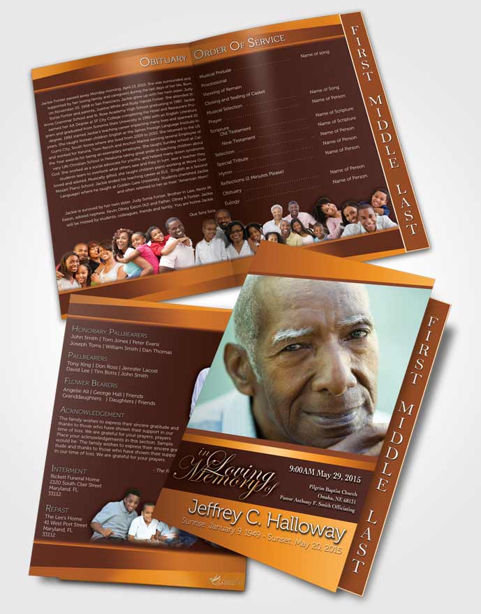 2 Page Graduated Step Fold Funeral Program Template Brochure Golden Peach Tranquility Dark