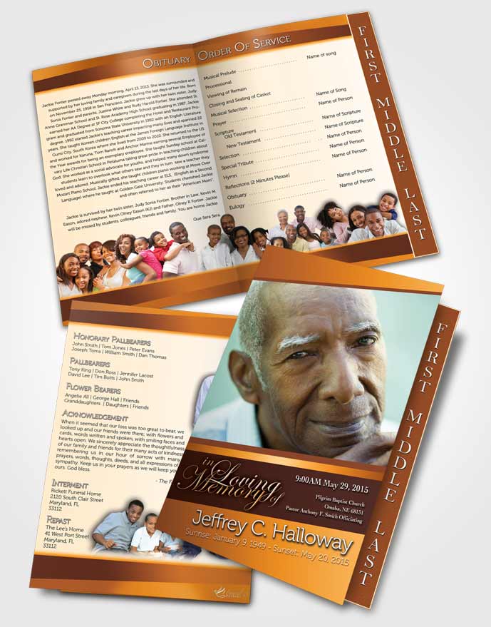 2 Page Graduated Step Fold Funeral Program Template Brochure Golden Peach Tranquility Light
