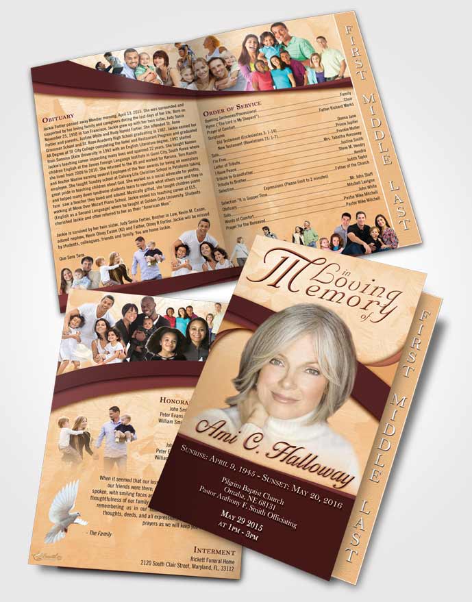 2 Page Graduated Step Fold Funeral Program Template Brochure Golden Peach Wisdom