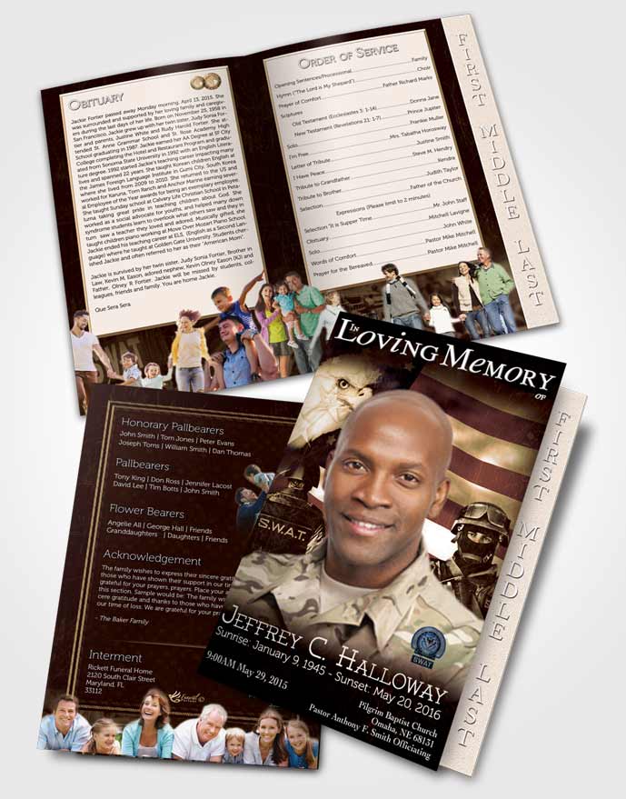 2 Page Graduated Step Fold Funeral Program Template Brochure Golden SWAT Enforcement