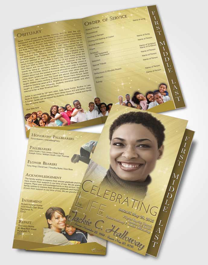 2 Page Graduated Step Fold Funeral Program Template Brochure Golden Serenity