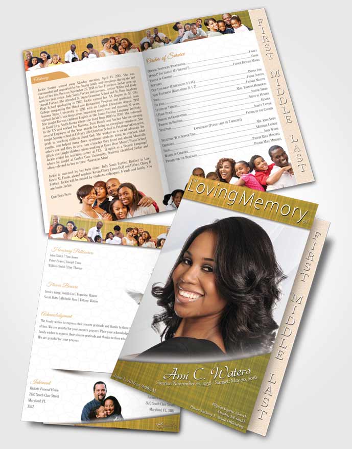 2 Page Graduated Step Fold Funeral Program Template Brochure Golden Simplicity