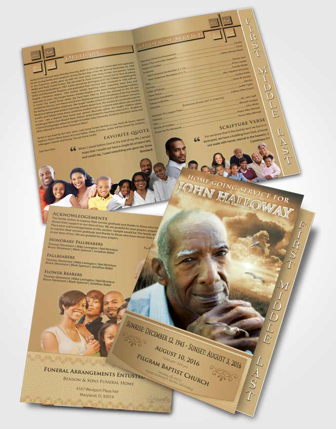 2 Page Graduated Step Fold Funeral Program Template Brochure Golden Sparkling Sky