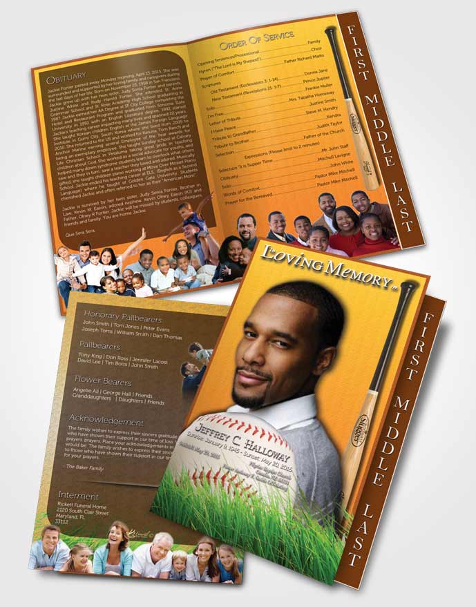 2 Page Graduated Step Fold Funeral Program Template Brochure Golden Sunrise Baseball Star Dark