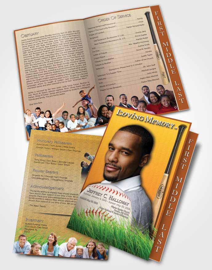 2 Page Graduated Step Fold Funeral Program Template Brochure Golden Sunrise Baseball Star Light