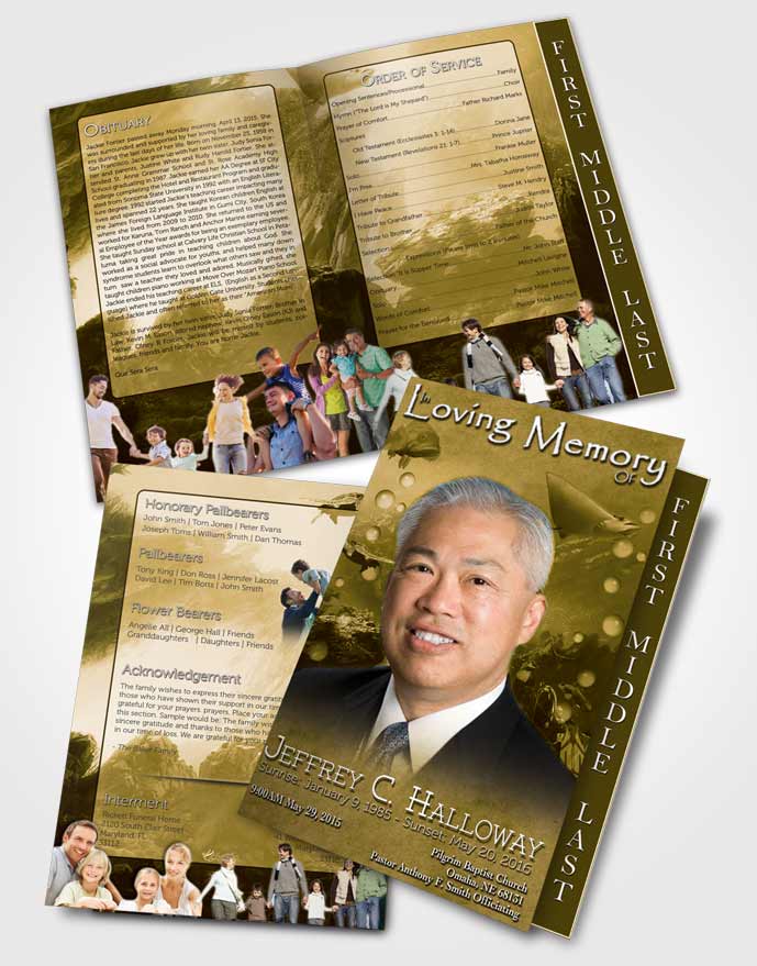 2 Page Graduated Step Fold Funeral Program Template Brochure Golden Water Lover