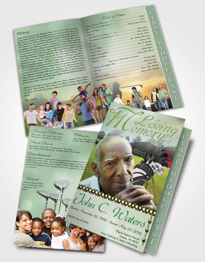 2 Page Graduated Step Fold Funeral Program Template Brochure Golfing Day Emerald Sky