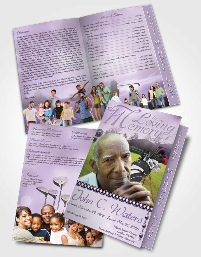 2 Page Graduated Step Fold Funeral Program Template Brochure Golfing Day Lavender Honor